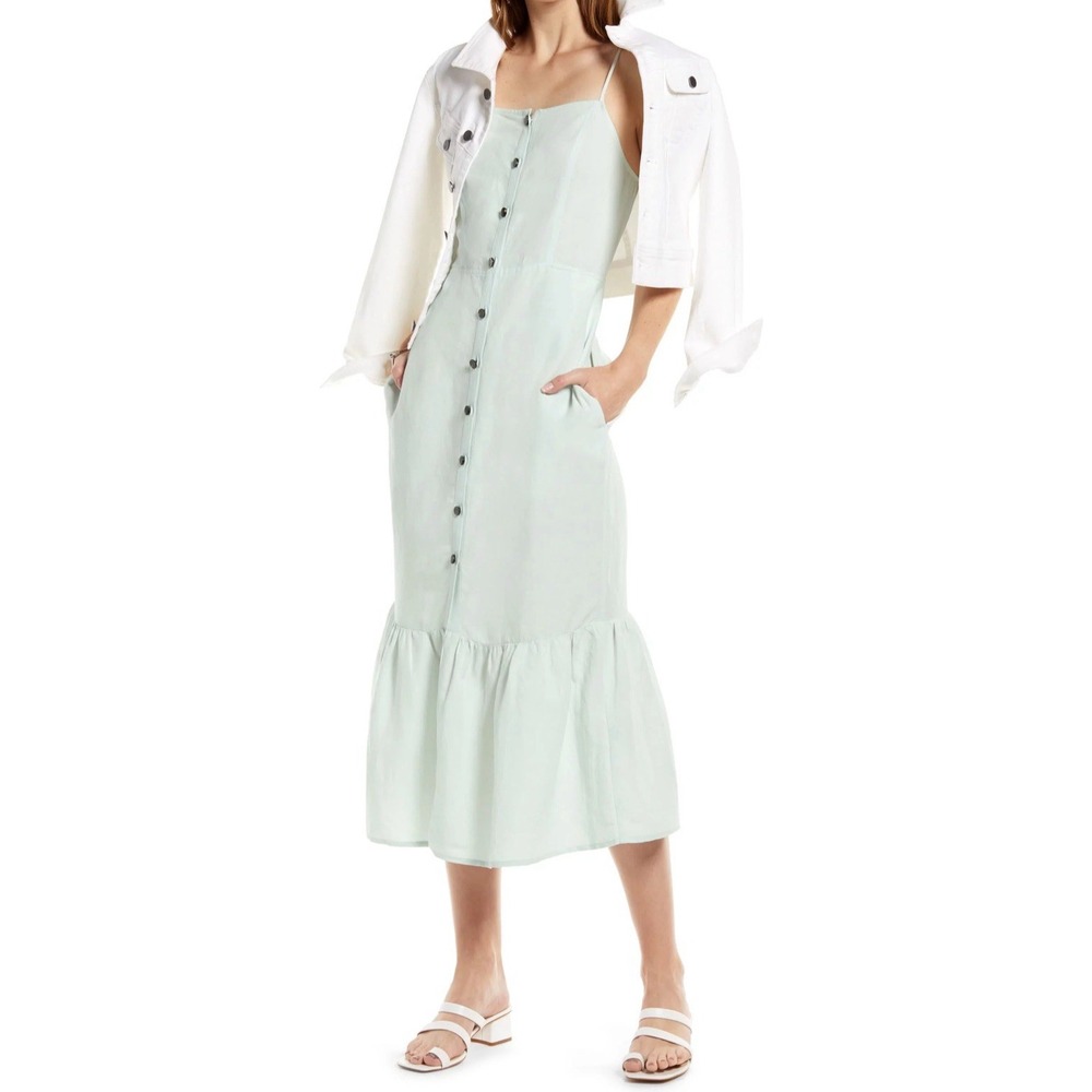 Something Navy Womens Linen Blend Button Front Midi Dress Size XS Aqua Beachy